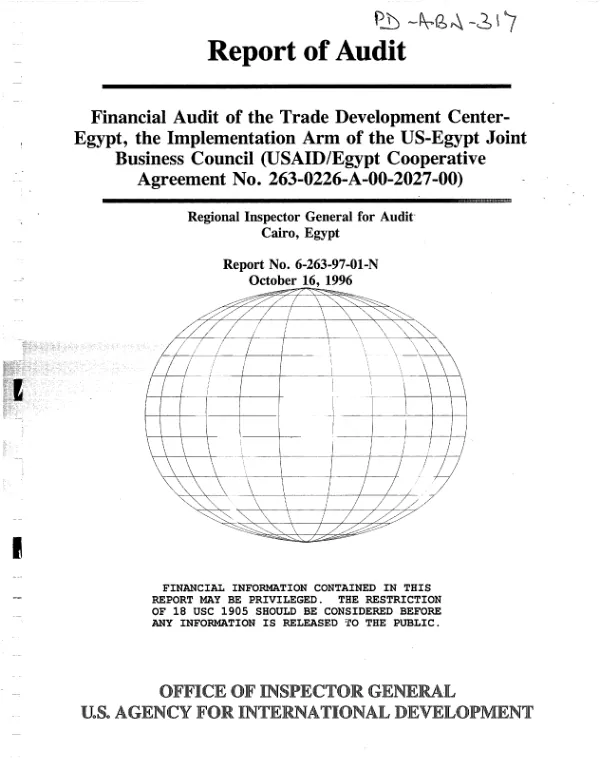 Financial audit of the Trade Development Center - Egypt, the implementation arm of the US-Egypt Joint Business Council (USAID/Egypt cooperative agreement no. 263-0226-A-00-2027-00)