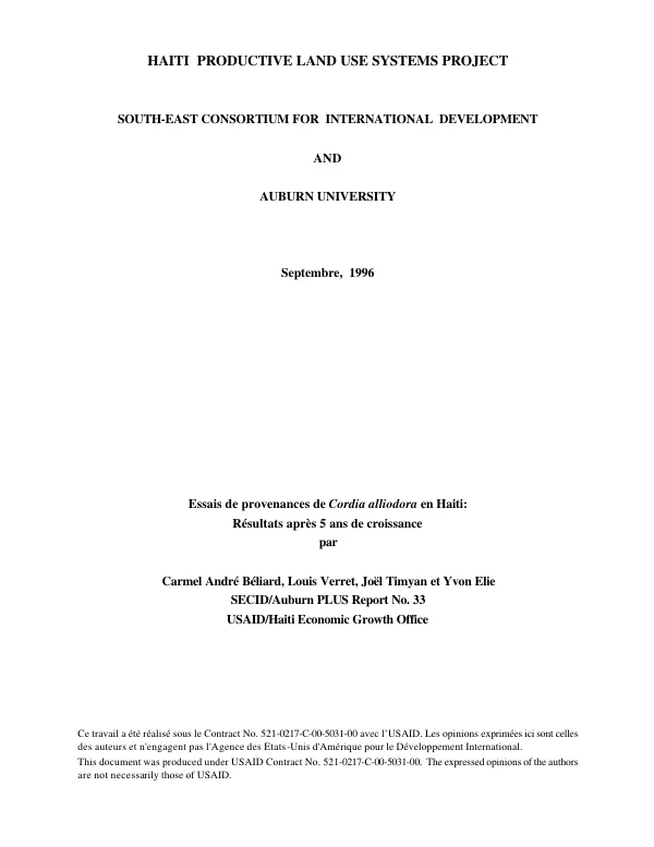 Essais de provenances de Cordia alliodora en Haiti : resultats apres 5 ans de croissance