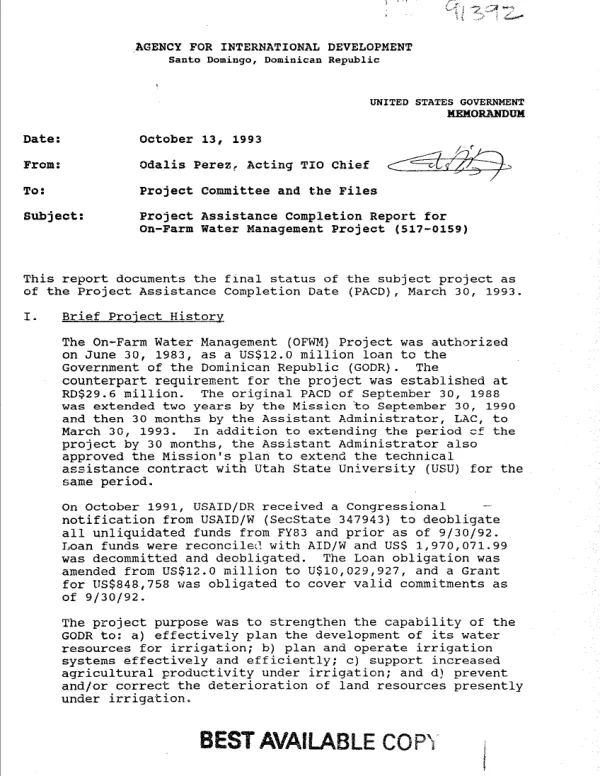 Project assistance completion report for on-farm water management project (517-0159)