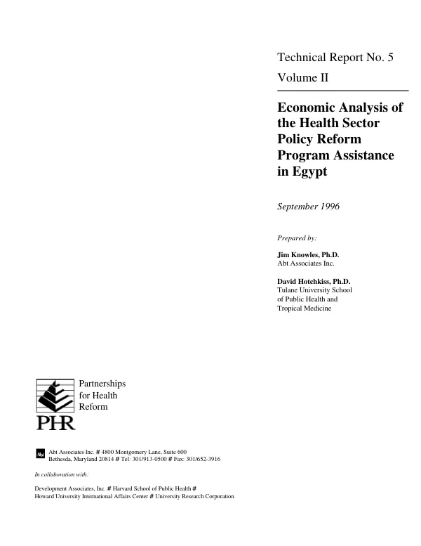Economic analysis of the health sector policy reform program assistance in Egypt