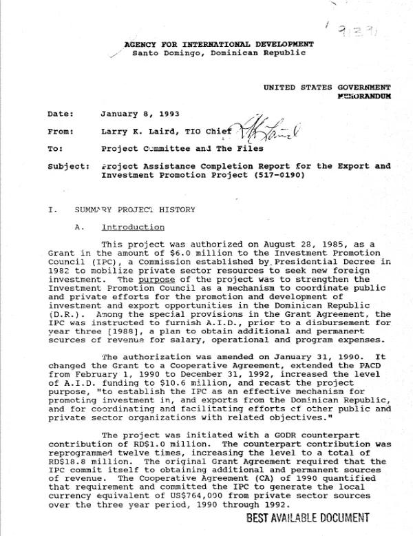Project assistance completion report for the export and investment promotion project (517-0190)
