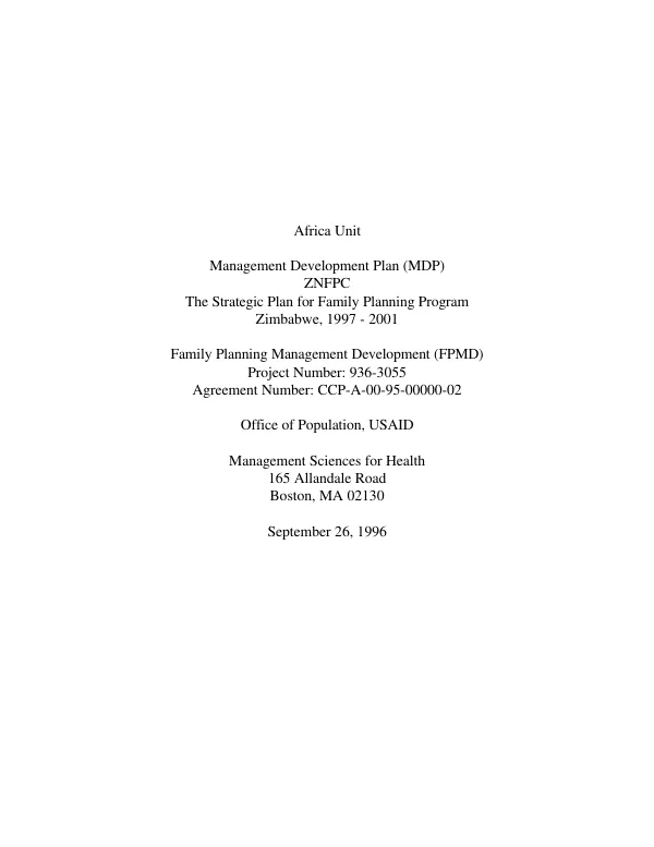 Africa unit : management development plan (MDP) -- ZNFPC [Zimbabwe national family planning programme] : the strategic plan for family planning program, Zimbabwe, 1997-2001