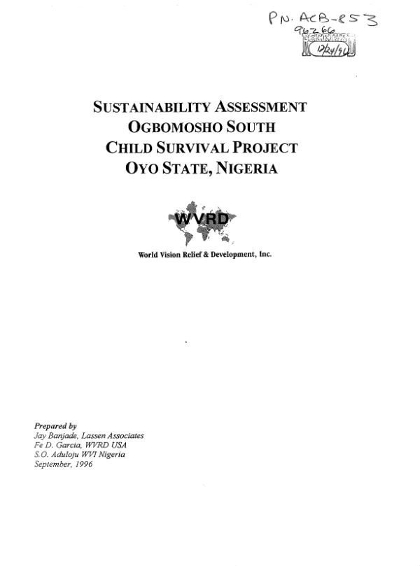 Sustainability assessment : Ogbomosho South child survival project, Oyo State, Nigeria
