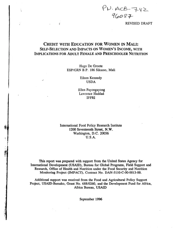 Credit with education for women in Mali : self-selection and impacts on women"s income, with implications for adult female and preschooler nutrition