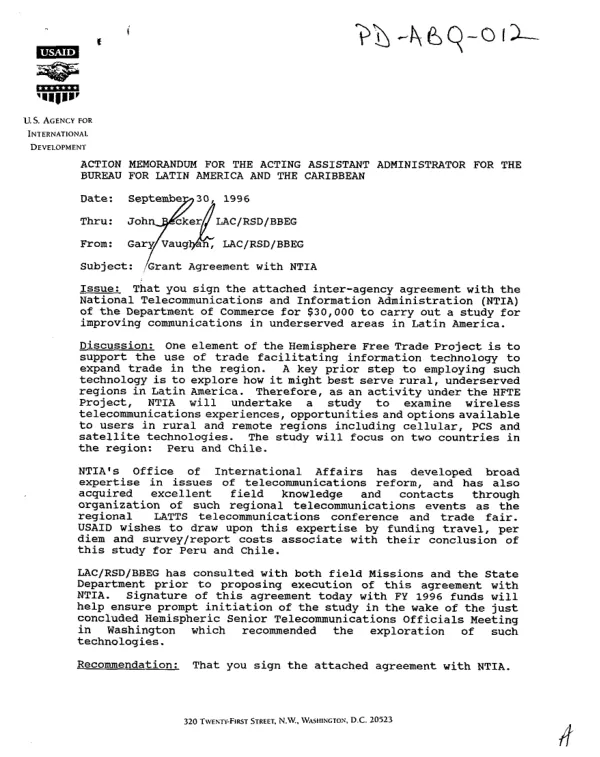 Inter-agency agreement between the National Telecommunications and Information Administration