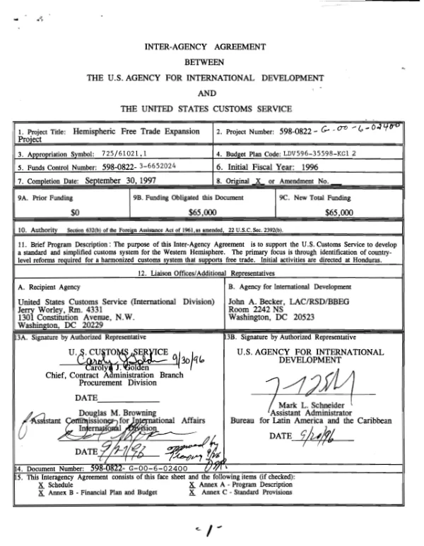Inter-agency agreement between the US Agency for International Development and the United States Customs Service