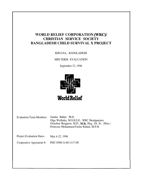 World Relief Corporation (WRC)/Christian Service Society : Bangladesh child survival X project -- Khulna, Bangladesh : mid-term evaluation