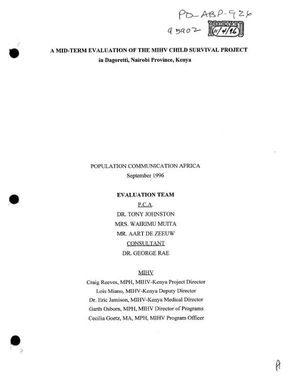 Mid-term evaluation of the MIHV child survival project in Dagoretti, Nairobi Province, Kenya