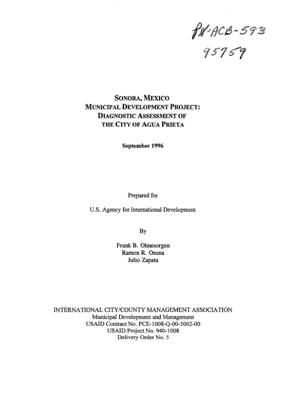 Sonora, Mexico, municipal development project : diagnostic assessment of the City of Agua Prieta