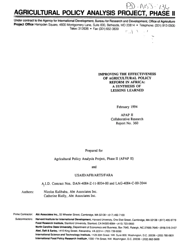 Improving the effectiveness of agricultural policy reform in Africa : a synthesis of lessons learned