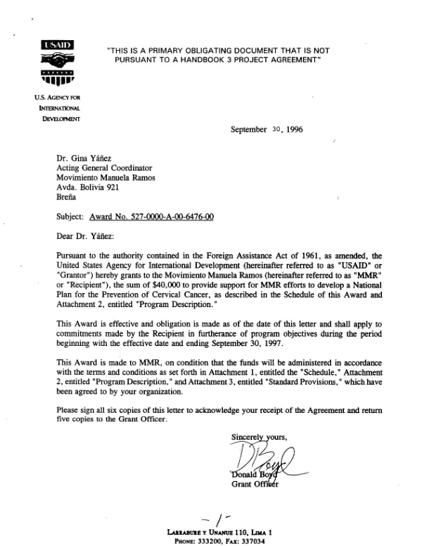 USAID award no. 527-0000-A-00-6476-00 to Movimiento Manuela Ramos to support a Peruvian national plan for prevention of cervical cancer