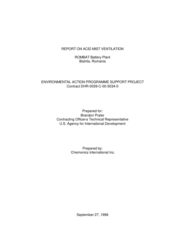 Report on acid mist ventilation : Rombat Battery Plant, Bistrita, Romania