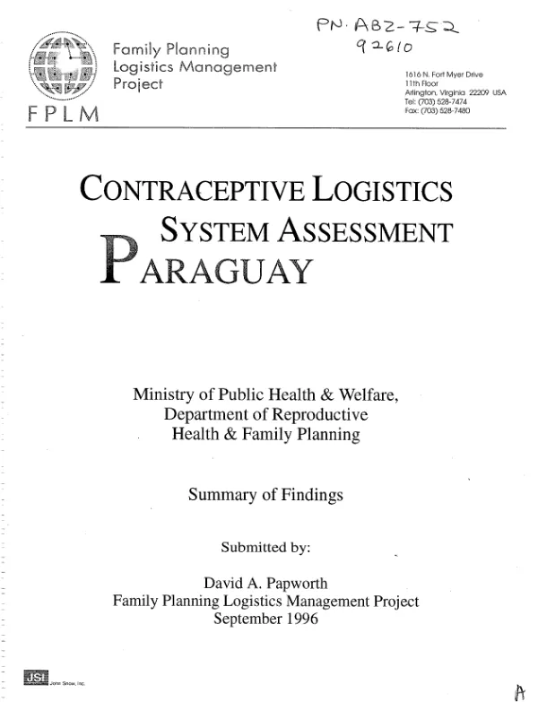 Contraceptive logistics system assessment : Paraguay