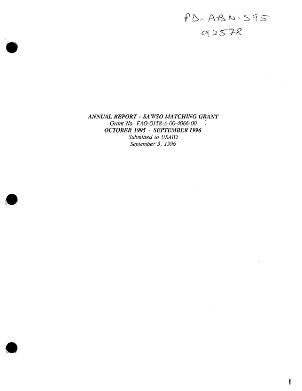 Annual report -- SAWSO [Salvation Army World Organization] matching grant, grant no. FAO-0158-A-00-4066-00 : October 1995-September 1996