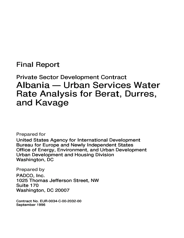 Final report : private sector development contract -- Albania : urban services water cost study for Berat, Durres, and Kavaja