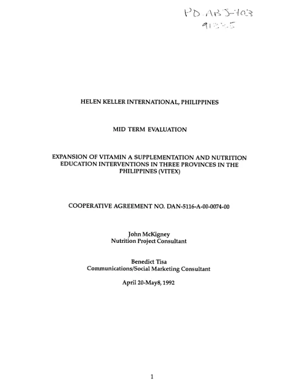 Mid-term evaluation -- expansion of vitamin A supplementation and nutrition education interventions in three provinces in the Philippines (Vitex)