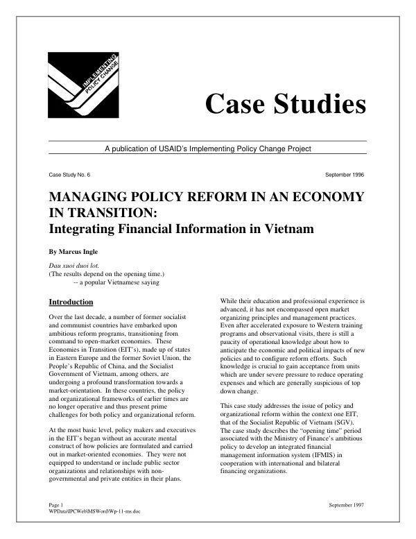 Managing policy reform in an economy in transition : integrating financial information in Vietnam