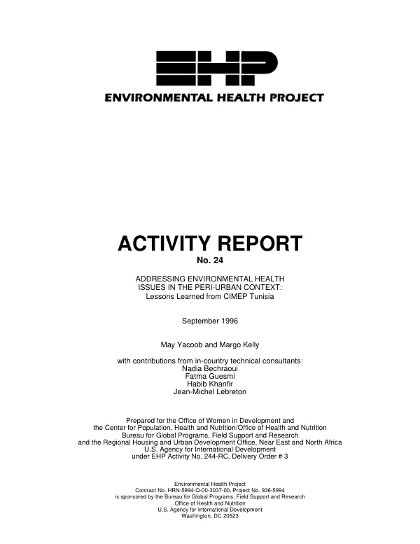 Addressing environmental health issues in the peri-urban context : lessons learned from CIMEP [community involvement in the management of environmental pollution] Tunisia