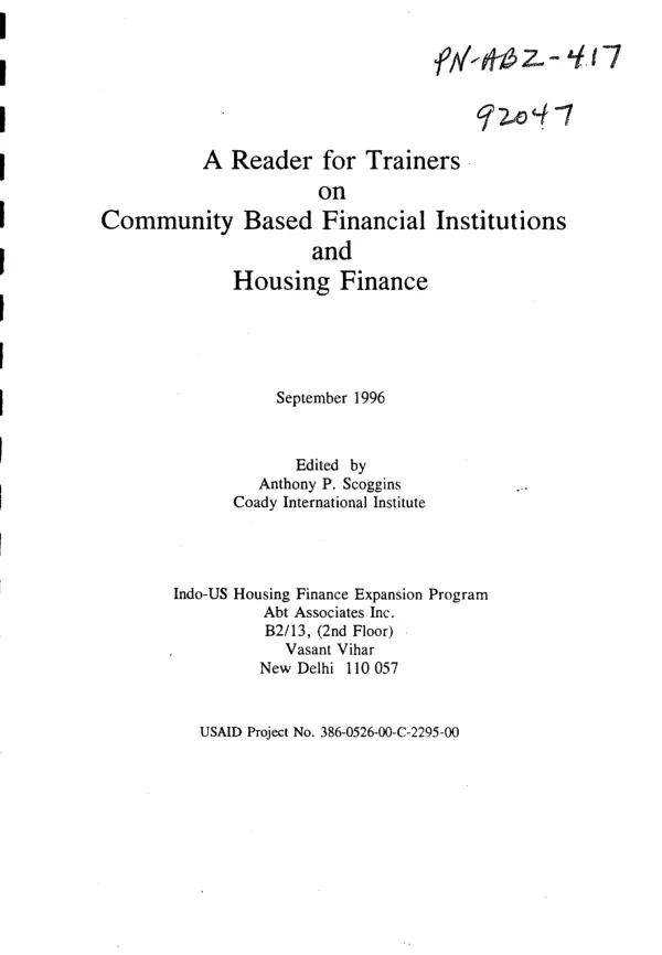 Reader for trainers on community based financial institutions and housing finance