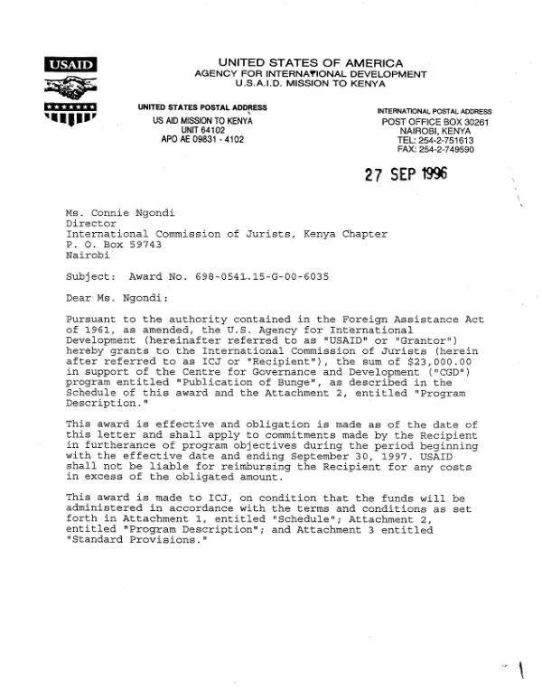 USAID award no. 698-0541.15-G-00-6035-00 to the International Commission of Jurists, Kenya Chapter in support of the Centre for Governance and Development program entitled "publication of Bunge"
