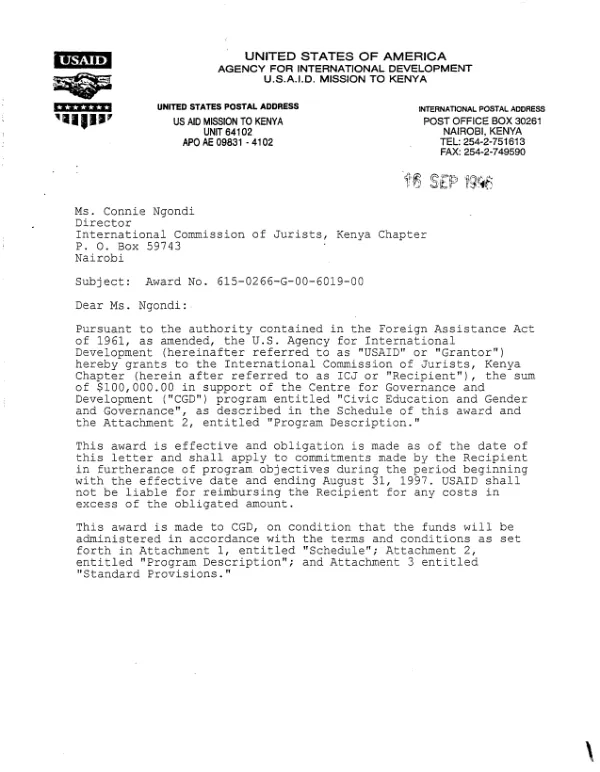 USAID award no. 615-0266-G-00-6019-00 to the International Commission of Jurists, Kenya Chapter in support of the Center for Governance and Development program entitled "civic education and gender and governance"