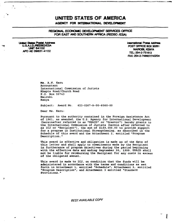 USAID award no. 623-0267-A-00-6060-00 to the International Commission of Jurists to support an institutional strengthening program