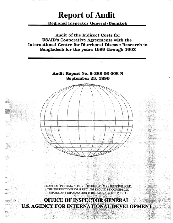 Audit of the indirect costs for USAID"s cooperative agreements with the International Centre for Diarrhoeal Disease Research in Bangladesh for the years 1989 through 1993