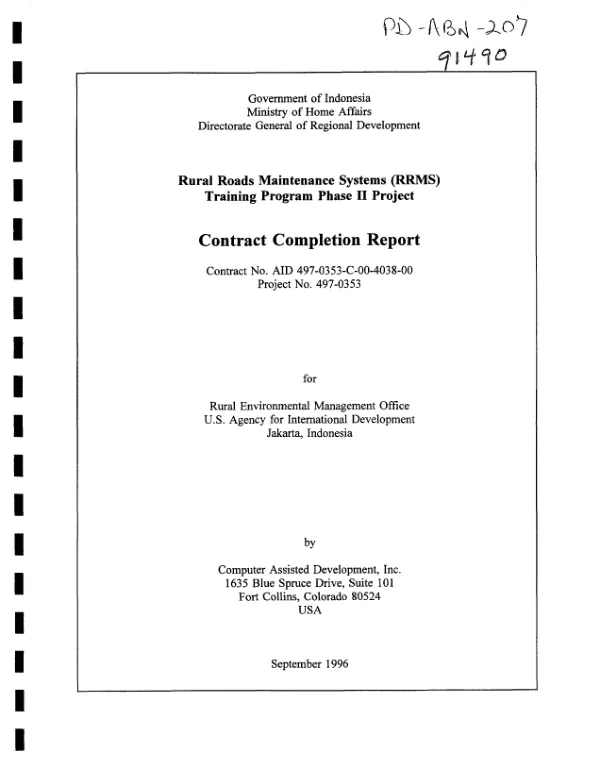 Rural roads maintenance systems (RRMS) training program phase II project : contract completion report -- contract no. USAID 497-0353-C-00-4038-00, project no. 497-0353