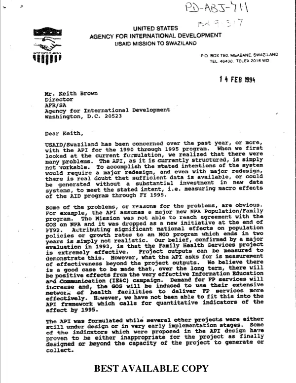 Assessment of program impact : USAID/Swaziland, January 1994