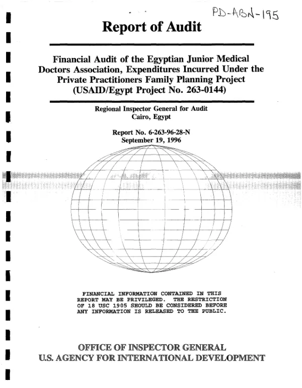Financial audit of the Egyptian Junior Medical Doctors Association, expenditures incurred under the private practitioners family planning project (USAID/Egypt project no. 263-0144)