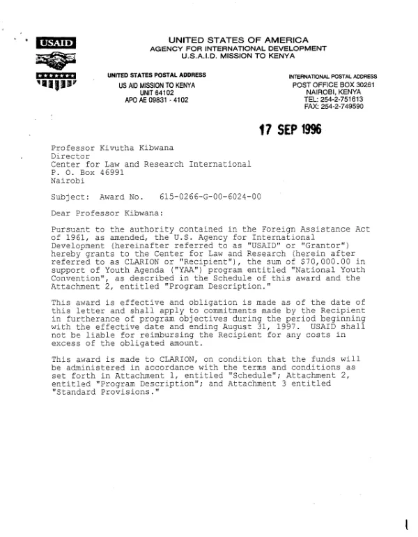 USAID award no. 615-0266-G-00-6024-00 to the Center for Law and Research International to organize a national youth convention in Kenya