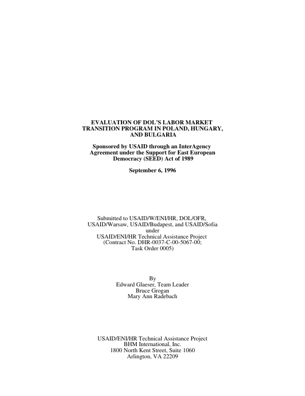 Evaluation of DOL"s [Department of Labor] labor market transition program in Poland, Hungary, and Bulgaria