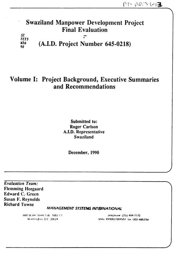 Swaziland manpower development project final evaluation (AID project number 645-0218)