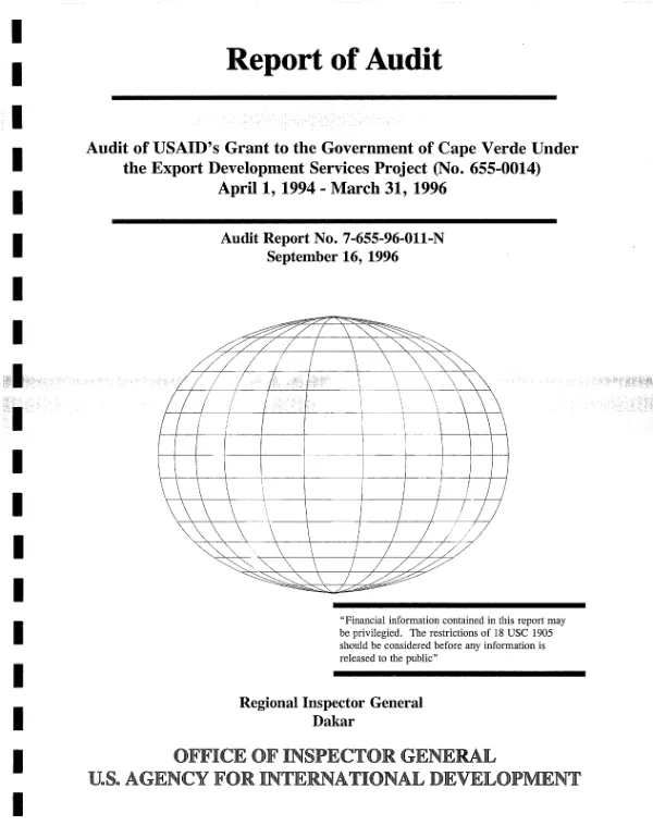 Audit of USAID"s grant to the Government of Cape Verde under the export development services project (no. 655-0014) -- April 1, 1994 -- March 31, 1996