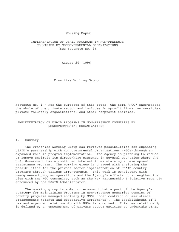 Implementation of USAID programs in non-presence countries by nongovernmental organizations
