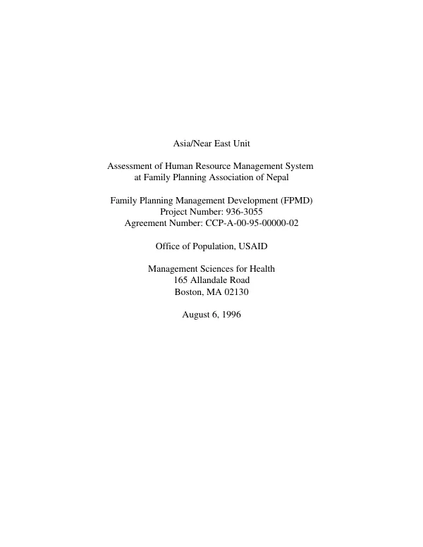 Asia/Near East unit : assessment of human resource management system at Family Planning Association of Nepal