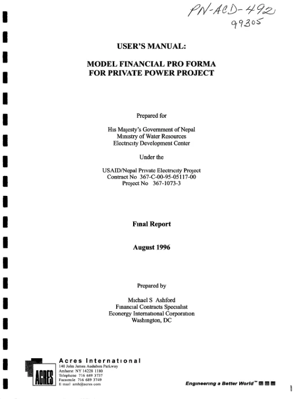 User"s manual : model financial pro forma for private power project, final report -- final report