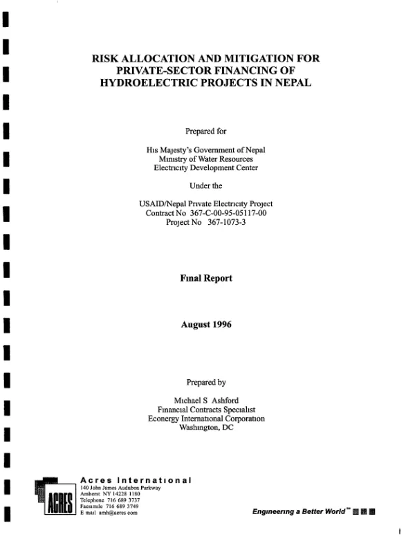 Risk allocation and mitigation for private-sector financing of hydroelectric projects in Nepal -- final report