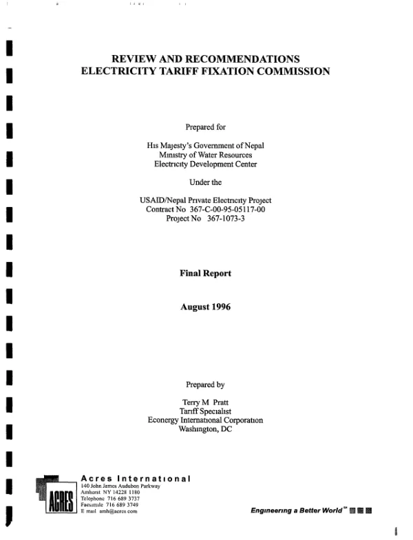 Review and recommendations : Electricity Tariff Fixation Commission -- final report
