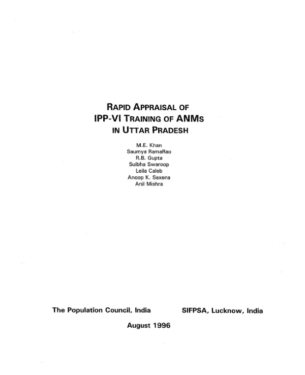 Rapid appraisal of IPP-VI training of ANMs [auxiliary nurse midwives] in Uttar Pradesh