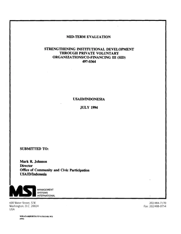 Mid-term evaluation : strengthening institutional development through private voluntary organizations/co-financing III (SID), 497-0364