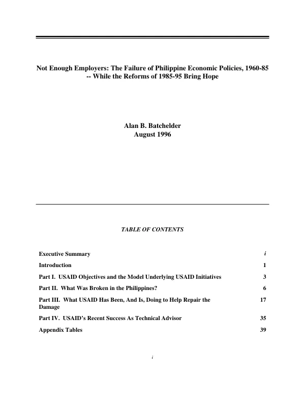 Not enough employers : the failure of Philippine economic policies, 1960-85 - while reforms of 1985-95 bring hope