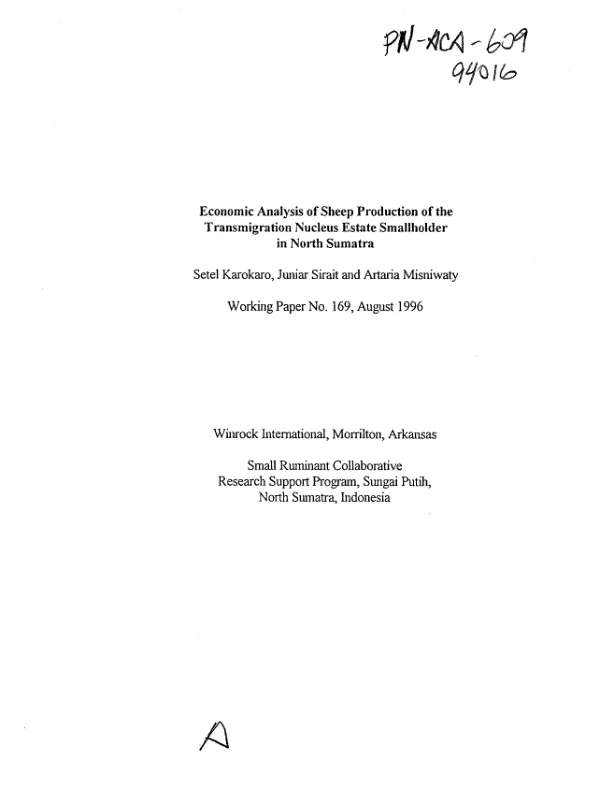 Economic analysis of sheep production of the transmigration nucleus estate smallholder in North Sumatra[, Indonesia]