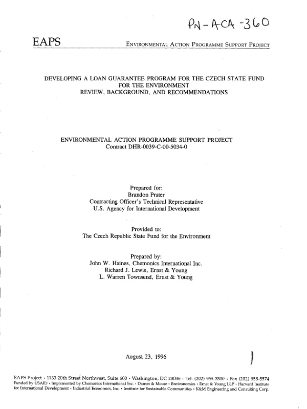Developing a loan guarantee program for the Czech State Fund for the Environment : review, background, and recommendations