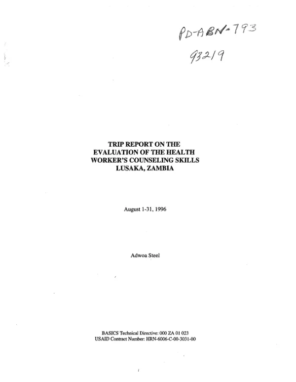 Trip report on the evaluation of the health worker"s counseling skills : Lusaka, Zambia