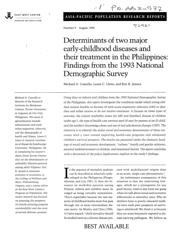 Determinants of two major early-childhood diseases and their treatment in the Philippines : findings from the 1993 national demographic survey