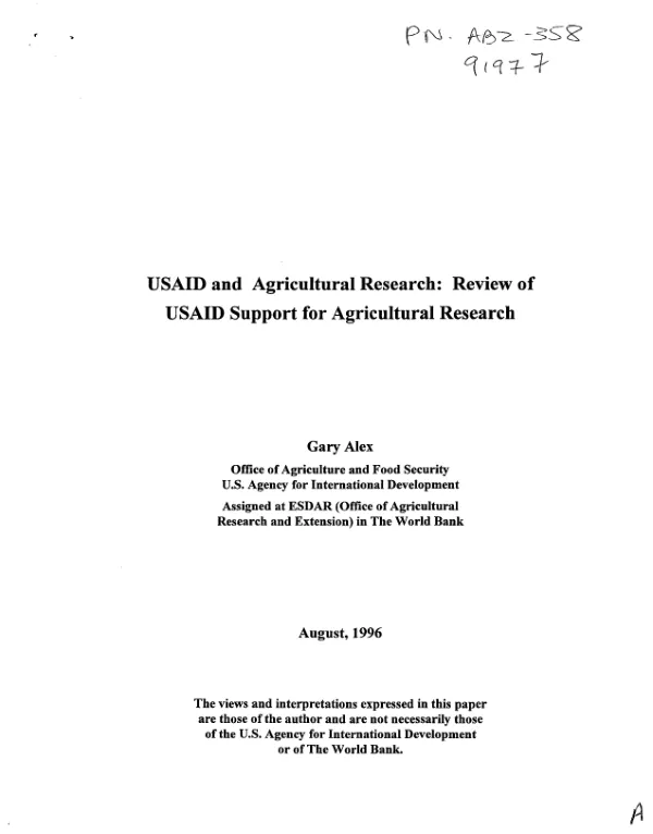 USAID and agricultural research : review of USAID support for agricultural research