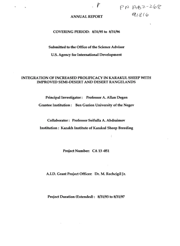 Annual report covering period 8/31/95 to 8/31/96 : integration of increased prolificacy in Karakul sheep with improved semi-desert and desert rangelands