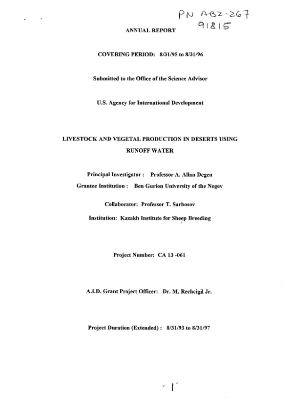 Annual report covering period 8/31/95 to 8/31/96 : livestock and vegetal production in deserts using runoff water