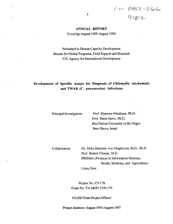 Annual report covering August 1995-August 1996 : development of specific assays for diagnosis of Chlamydia trachomatis and TWAR (C. pneumoniae) infections